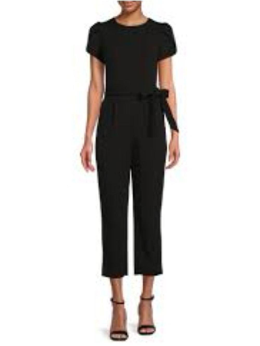 Calvin Klein Black Short-Sleeve Tie-Waist Cropped Jumpsuit